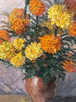 Peinture à l'huile sur toile représentant une nature morte avec un vase de fleurs. Signée. France.