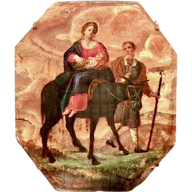 Peinture à l'huile sur albâtre représentant la scène de la fuite en Égypte. Toscane.