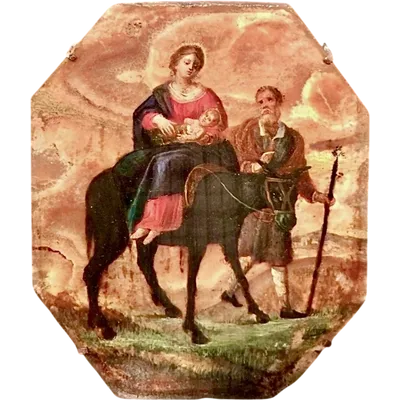 Oil painting on alabaster depicting the scene of the Flight into Egypt. Tuscany.