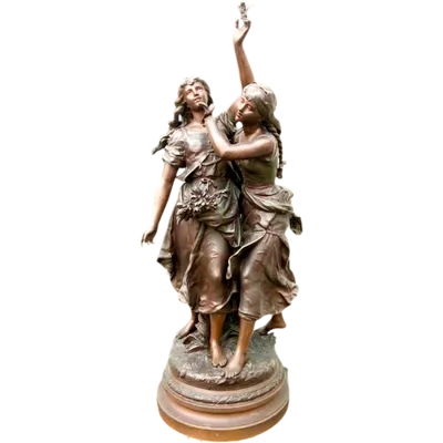 Bronze sculpture depicting two young girls with birds. Signed Hippolyte Moureau