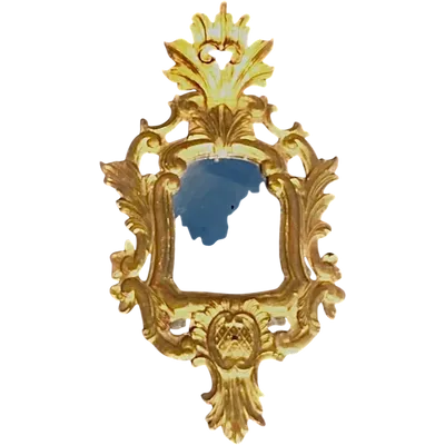 Wooden mirror carved with plant motifs, rocaille, and gold leaf. Venice.