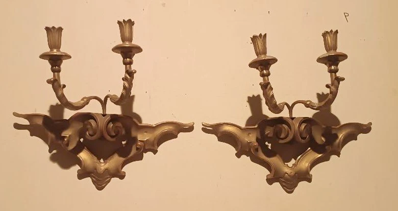 Antique pair of gilded wooden wall sconces 19th century