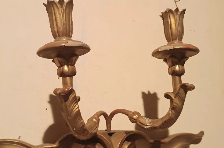 Antique pair of gilded wooden wall sconces 19th century