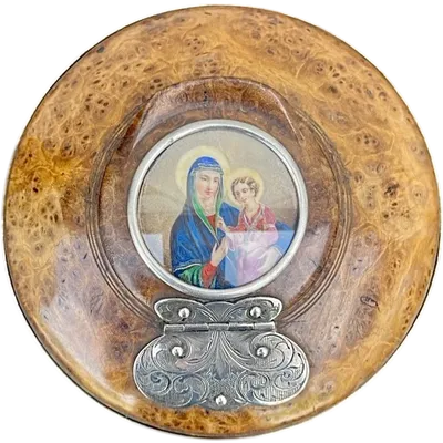 Thuja burl box with a miniature depicting the Madonna and Child. Silver details.