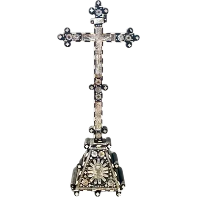 Ebony crucifix with mother-of-pearl inlays depicting religious scenes