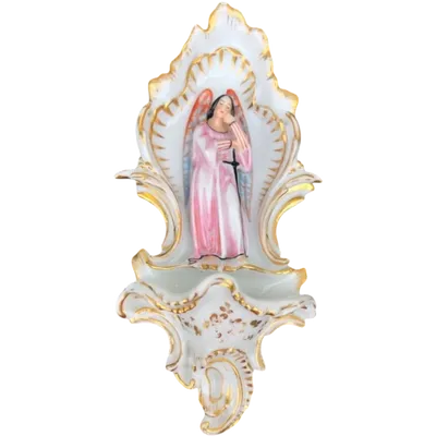 Porcelain holy water font with rocaille motifs and an angel figure. France.