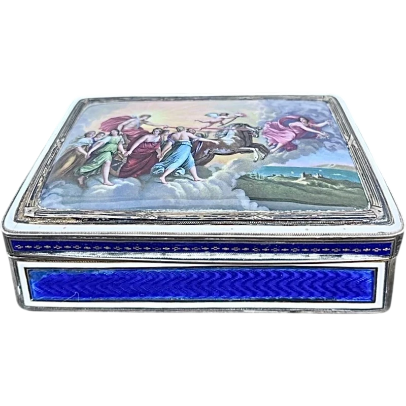 Boîte-tabatière en argent et émail, ornée d'une scène peinte représentant : le triomphe de Galatée.