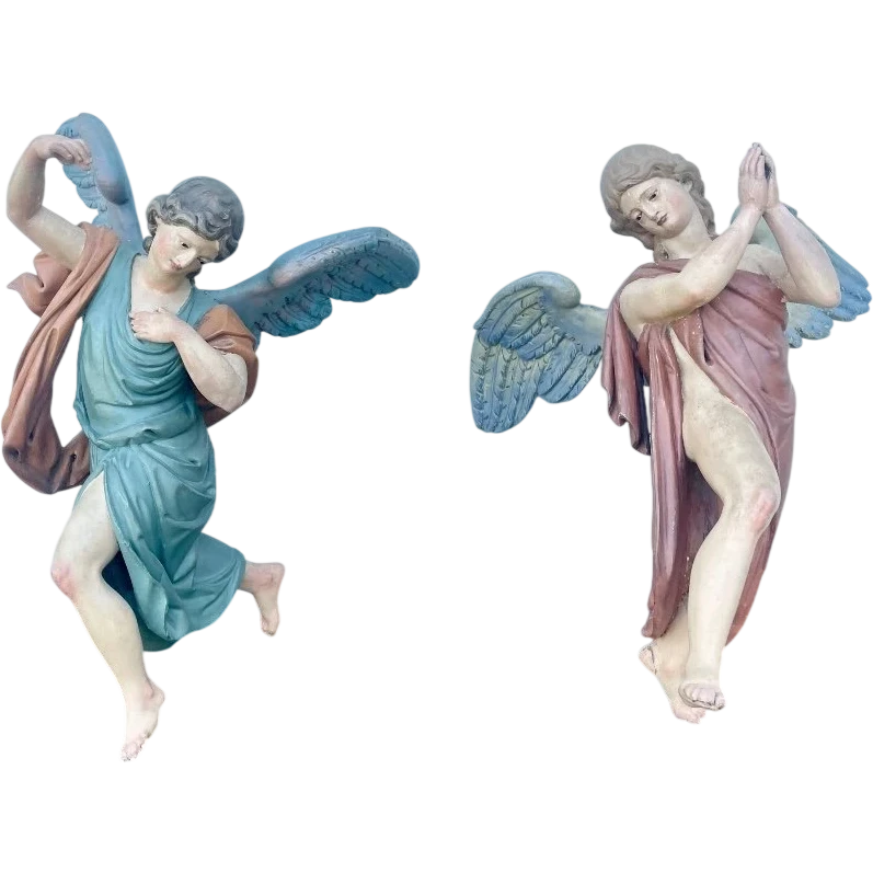 Paire d'anges en bois sculpté et peint, en pied et polychromes. Yeux en verre. Ligurie.