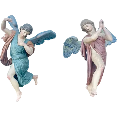 Pair of full-length polychrome angels carved from and painted on wood. Glass eyes. Liguria.