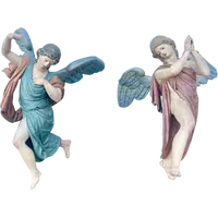 Paire d'anges en bois sculpté et peint, en pied et polychromes. Yeux en verre. Ligurie.