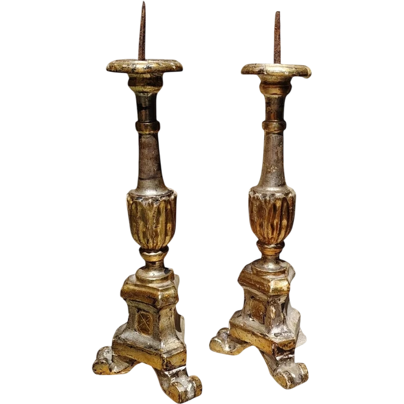 Pair of Antique Louis XVI Candlesticks, Original Silver and Mecca