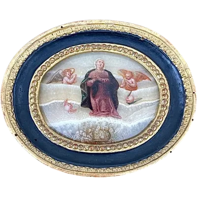 Oval alabaster painting depicting the Virgin Mary with angels and figures.