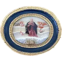 Oval alabaster painting depicting the Virgin Mary with angels and figures.