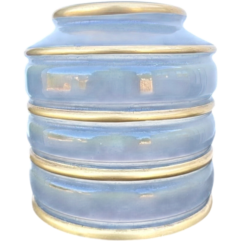 Art Deco-style majolica vase with a subtle iridescent sheen and gold accents. Gio Ponti