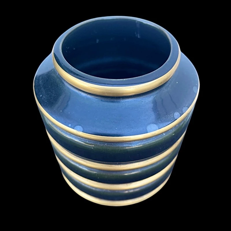 Art Deco-style majolica vase with a subtle iridescent sheen and gold accents. Gio Ponti