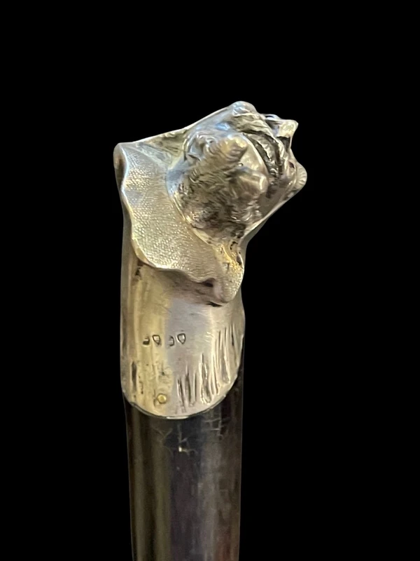 Canne avec un pommeau en argent massif représentant la tête penchée de Méphisto.