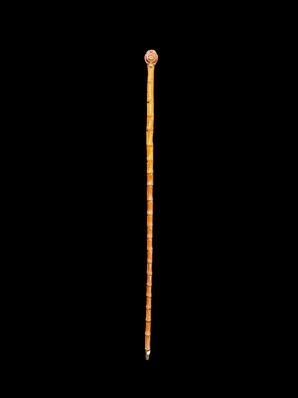 Cane with a curozo seed knob depicting a grotesque face. Glass eyes