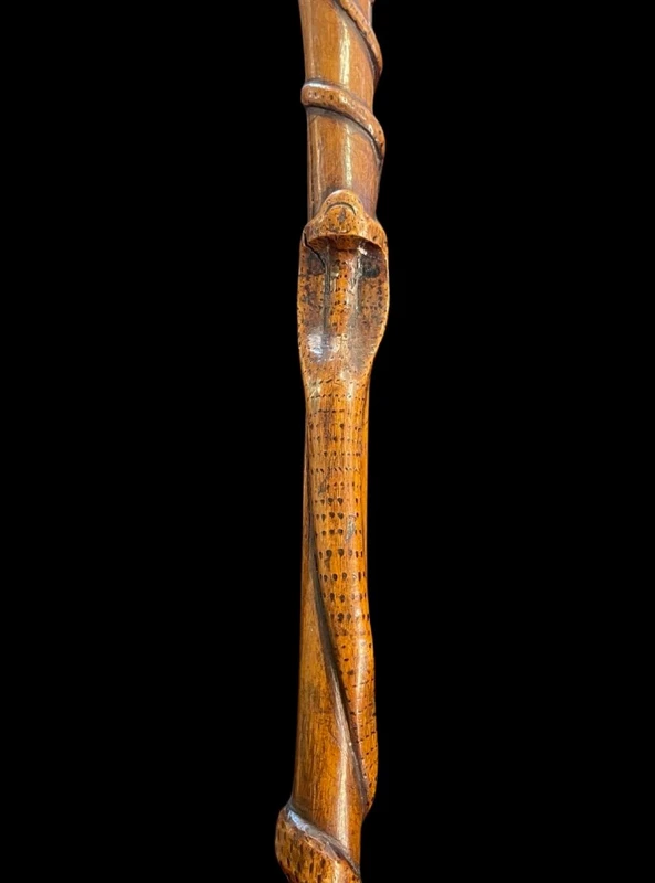 Canne traditionnelle en bois d'une seule pièce, sculptée d'un jaguar attaquant un serpent.