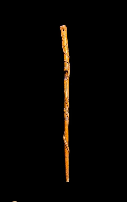 Canne traditionnelle en bois d'une seule pièce, sculptée d'un jaguar attaquant un serpent.
