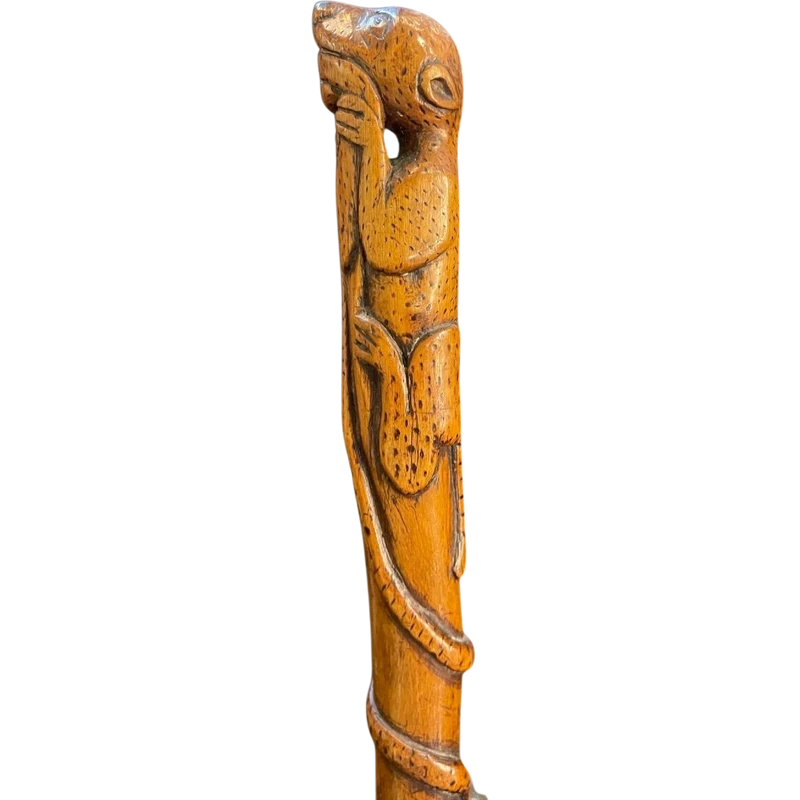 Canne traditionnelle en bois d'une seule pièce, sculptée d'un jaguar attaquant un serpent.