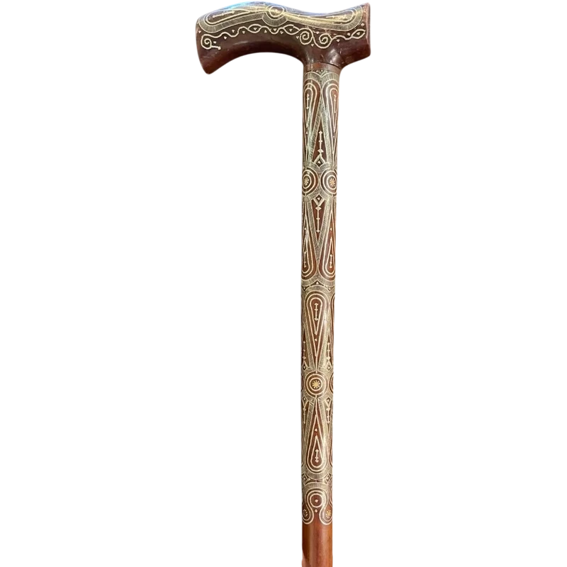 Rosewood walking stick with a Tau-shaped handle featuring geometric decoration in small silver studs