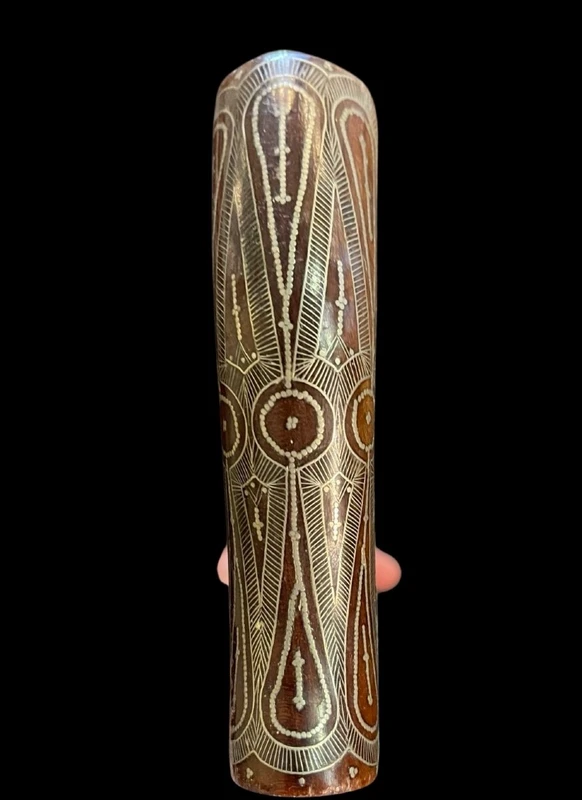 Rosewood walking stick with a Tau-shaped handle featuring geometric decoration in small silver studs