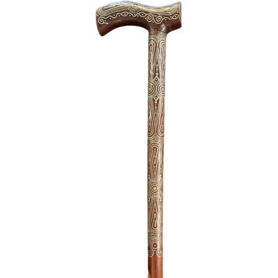 Rosewood walking stick with a Tau-shaped handle featuring geometric decoration in small silver studs
