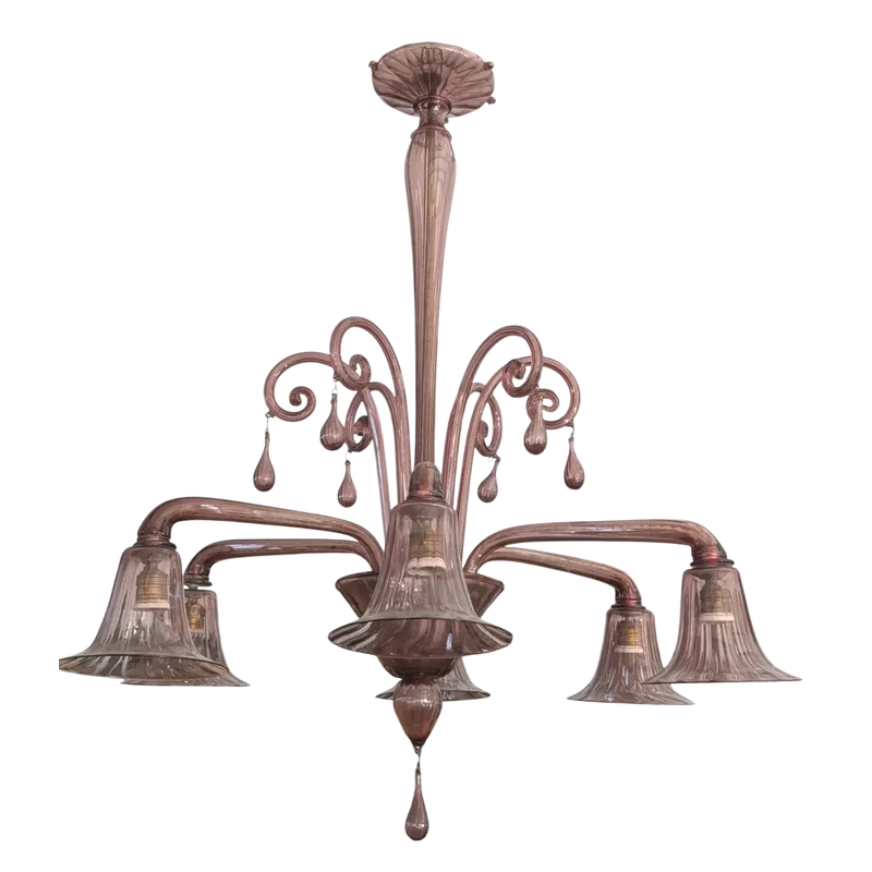 Six-light blown glass chandelier in the shape of a flower