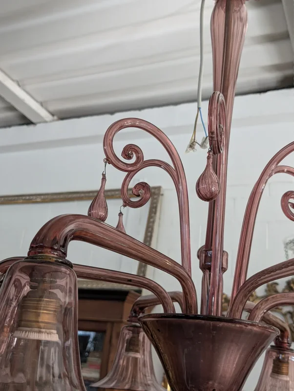 Six-light blown glass chandelier in the shape of a flower
