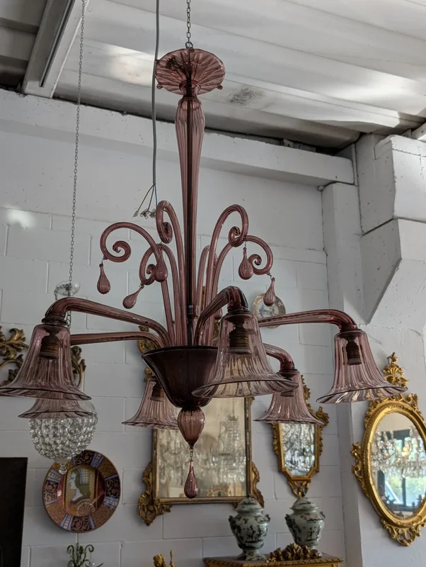 Six-light blown glass chandelier in the shape of a flower