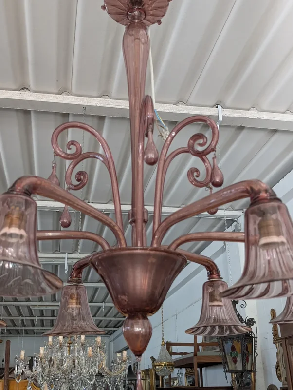Six-light blown glass chandelier in the shape of a flower