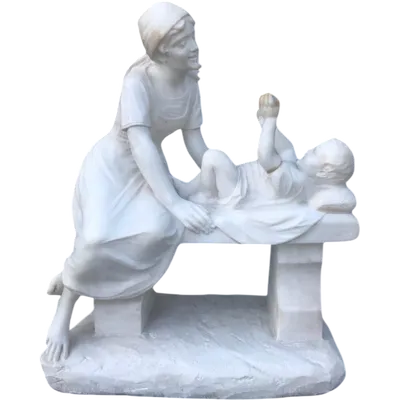 A sculpture in white Carrara marble depicting a mother holding cherries and her child.