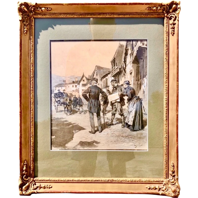 Dipinto tempera su carta con scena di paese .Ludovico Marchetti