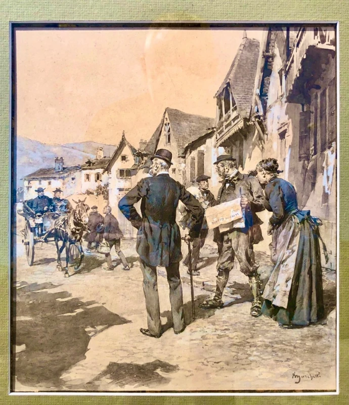 Dipinto tempera su carta con scena di paese .Ludovico Marchetti
