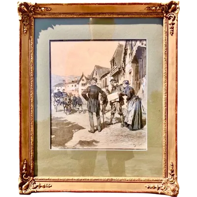 Tempera painting on paper depicting a village scene. Ludovico Marchetti