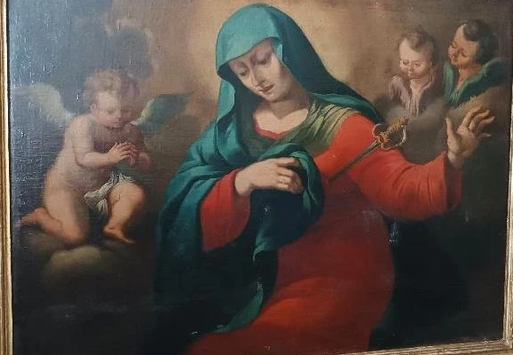 Large antique oil painting on canvas depicting the Sorrowful Madonna – Baroque period