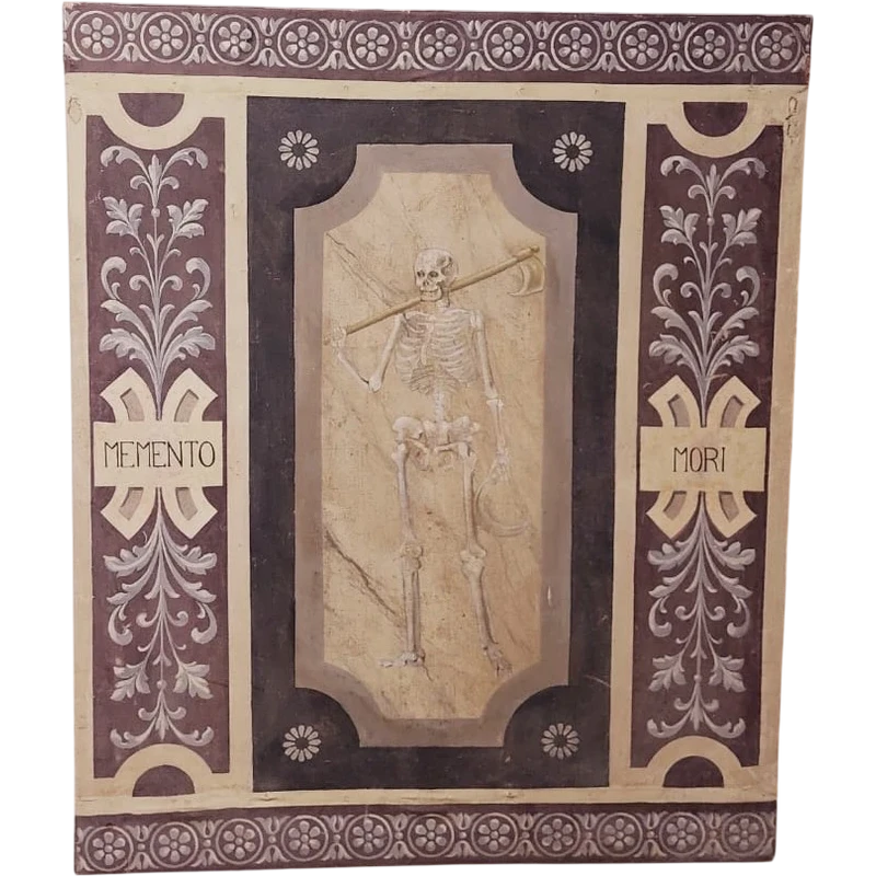 Memento Mori Scheletro grande dipinto a tempera su tela XVIII secolo .Italia