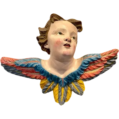 Carved and painted wooden cherub. Liguria.