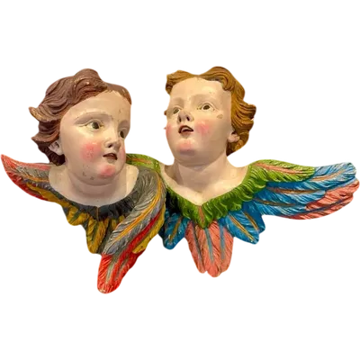 Pair of carved and painted wooden cherub angels. Liguria.