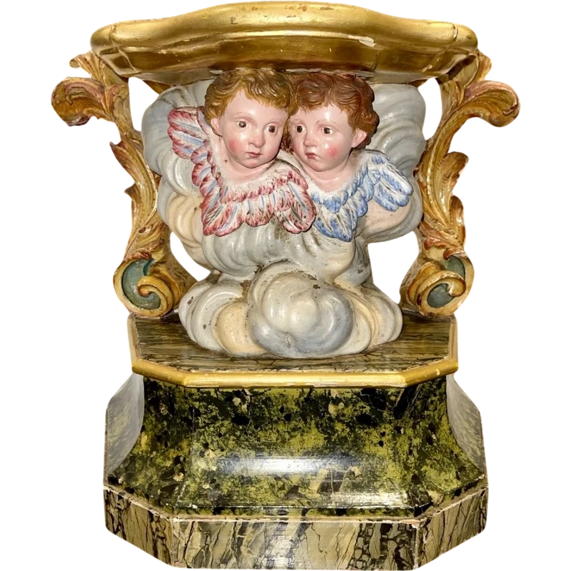 Carved and painted wooden statue base.
