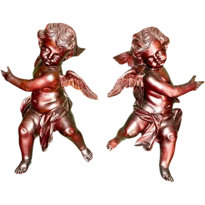 Pair of full-length angels carved from wood, unpainted, for hanging on the wall. Liguria.