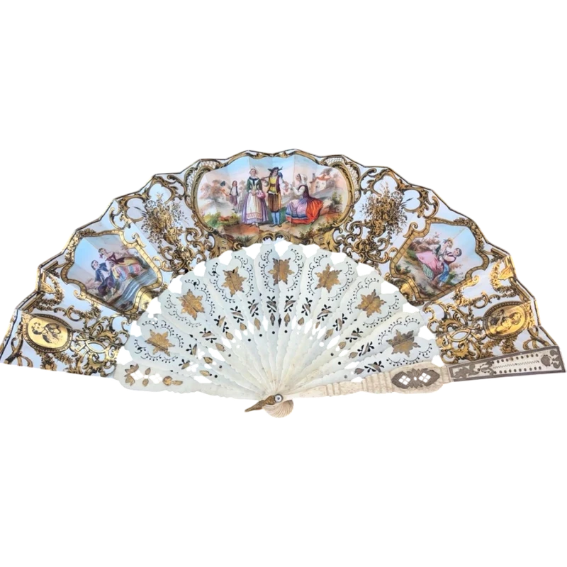 Fan with openwork, gilded bone ribs. Paper cover with watercolor prints