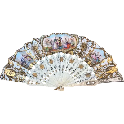 Fan with openwork, gilded bone ribs. Paper cover with watercolor prints