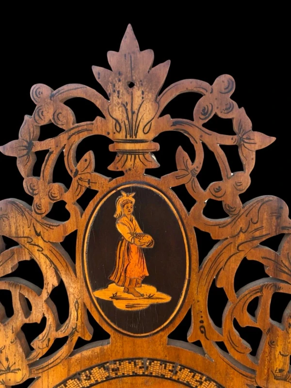 Travel mirror with two folding doors made of carved and inlaid wood