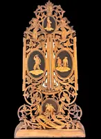 Travel mirror with two folding doors made of carved and inlaid wood