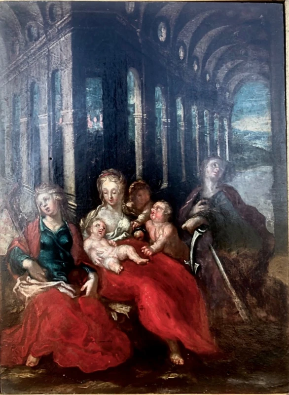 Oil painting on wood: Madonna and Child with figures and architectural elements.