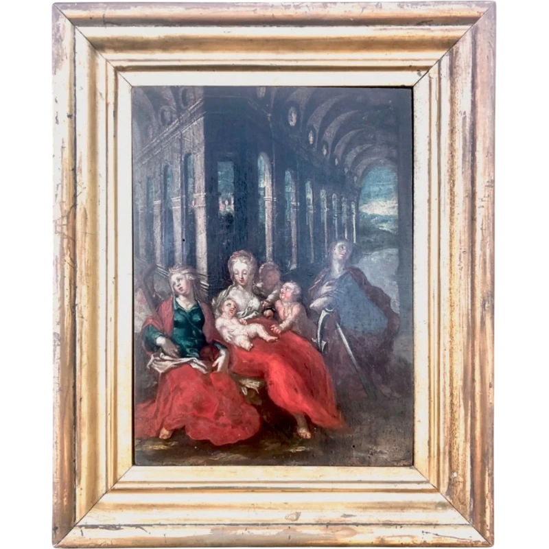 Oil painting on wood: Madonna and Child with figures and architectural elements.