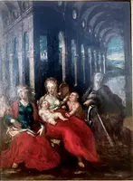 Oil painting on wood: Madonna and Child with figures and architectural elements.