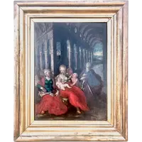 Oil painting on wood: Madonna and Child with figures and architectural elements.