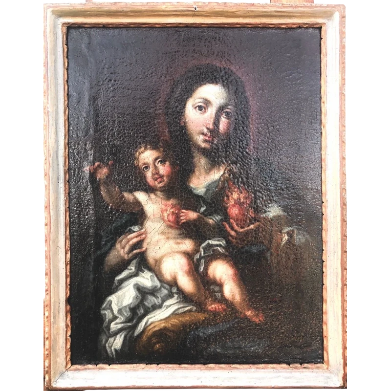 Peinture à l'huile sur toile représentant la Vierge à l'Enfant.